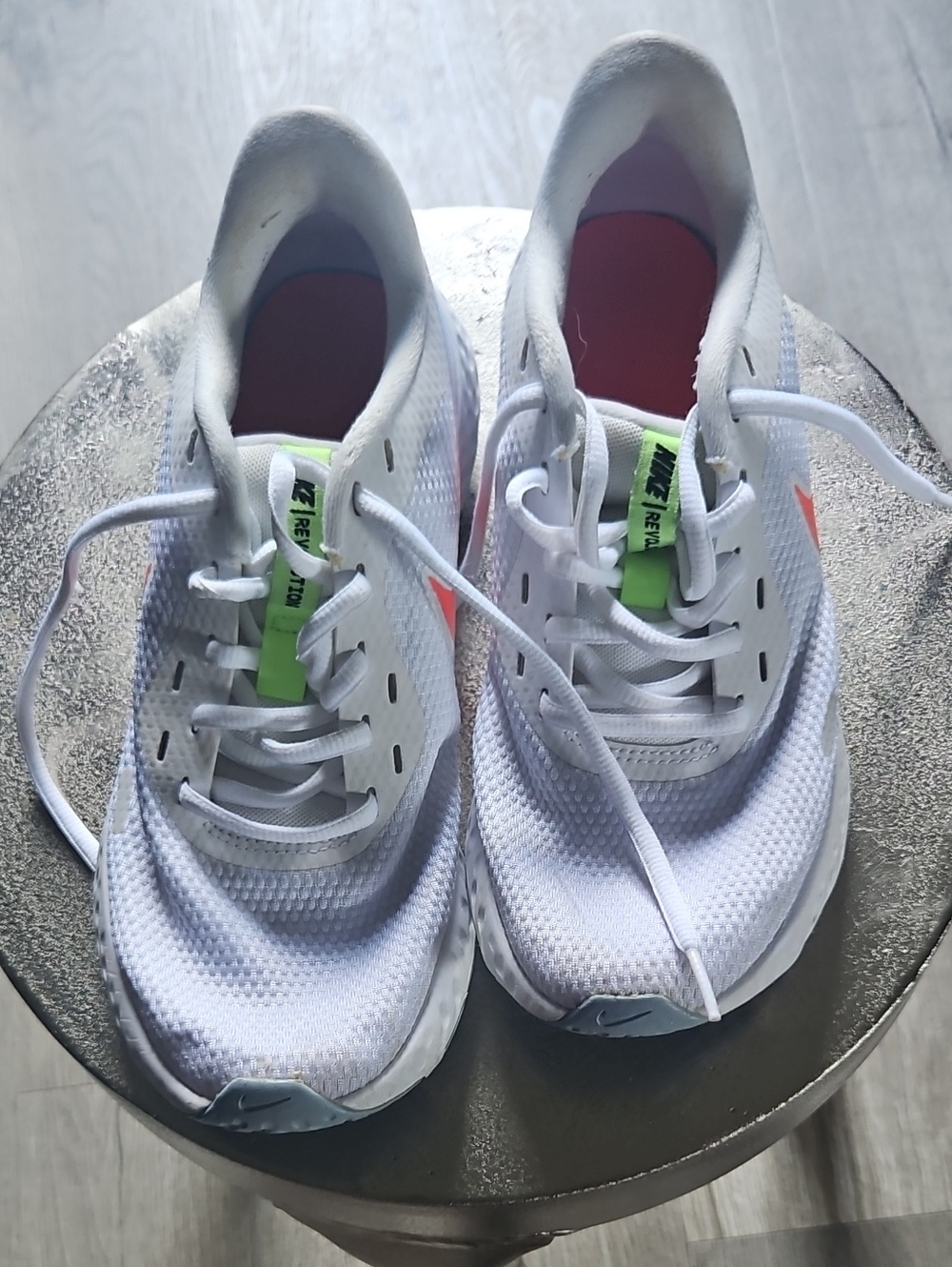 Womens Nike Revolution White Running Shoes with Neon Green Accents
